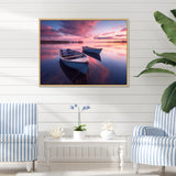 White Longboats Pink Blue Sunset Reflection - Boat Canvas Wall Art