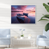 White Longboats Pink Blue Sunset Reflection - Boat Canvas Wall Art