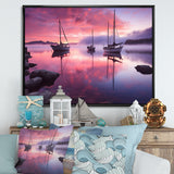 White Sailboat Pink Blue Sunset Reflection - Boat Canvas Wall Art