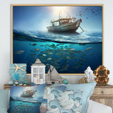 Boat Floating Above Fishes In The Turquoise Ocean - Boat Canvas Wall Art