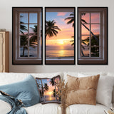 Tropical Oceanview Through Open White Window I - 3-Piece Canvas Wall Art
