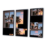 Tropical Oceanview Through Open White Window I - 3-Piece Canvas Wall Art