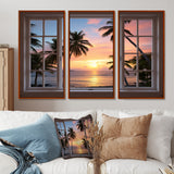 Tropical Oceanview Through Open White Window I - 3-Piece Canvas Wall Art