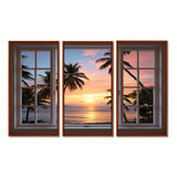 Tropical Oceanview Through Open White Window I - 3-Piece Canvas Wall Art