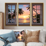 Tropical Oceanview Through Open White Window I - 3-Piece Canvas Wall Art