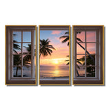 Tropical Oceanview Through Open White Window I - 3-Piece Canvas Wall Art