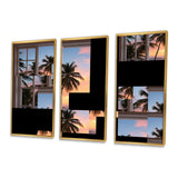 Tropical Oceanview Through Open White Window I - 3-Piece Canvas Wall Art
