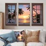 Tropical Oceanview Through Open White Window I - 3-Piece Canvas Wall Art
