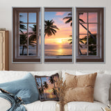 Tropical Oceanview Through Open White Window I - 3-Piece Canvas Wall Art