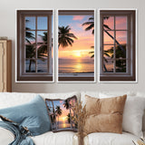 Tropical Oceanview Through Open White Window I - 3-Piece Canvas Wall Art