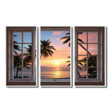 Tropical Oceanview Through Open White Window I - 3-Piece Canvas Wall Art