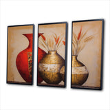 Still Life Red Gold Vase With Wheat Flowers - 3-Piece Canvas Wall Art