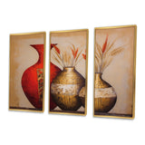 Still Life Red Gold Vase With Wheat Flowers - 3-Piece Canvas Wall Art