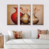 Still Life Red Gold Vase With Wheat Flowers - 3-Piece Canvas Wall Art