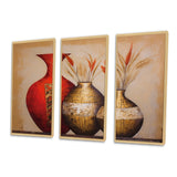 Still Life Red Gold Vase With Wheat Flowers - 3-Piece Canvas Wall Art
