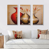 Still Life Red Gold Vase With Wheat Flowers - 3-Piece Canvas Wall Art