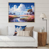 White Clouds Vibrant Blue Sky Pink Floral Meadows - Classic Cars Canvas Wall Art