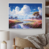 White Clouds Vibrant Blue Sky Pink Floral Meadows - Classic Cars Canvas Wall Art