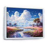 White Clouds Vibrant Blue Sky Pink Floral Meadows - Classic Cars Canvas Wall Art