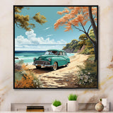 Vintage Old timer Classic Turquoise Car Beachside - Classic Cars Canvas Wall Art