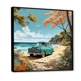 Vintage Old timer Classic Turquoise Car Beachside - Classic Cars Canvas Wall Art
