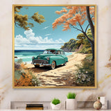 Vintage Old timer Classic Turquoise Car Beachside - Classic Cars Canvas Wall Art