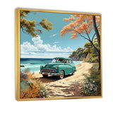 Vintage Old timer Classic Turquoise Car Beachside - Classic Cars Canvas Wall Art
