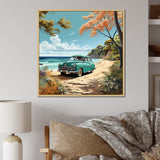 Vintage Old timer Classic Turquoise Car Beachside - Classic Cars Canvas Wall Art