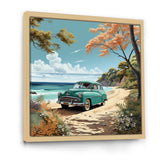 Vintage Old timer Classic Turquoise Car Beachside - Classic Cars Canvas Wall Art