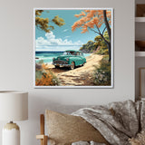 Vintage Old timer Classic Turquoise Car Beachside - Classic Cars Canvas Wall Art
