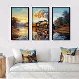 Steamtrain Travelling In The Sunset Painting - 3-Piece Canvas Wall Art