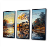 Steamtrain Travelling In The Sunset Painting - 3-Piece Canvas Wall Art