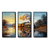 Steamtrain Travelling In The Sunset Painting - 3-Piece Canvas Wall Art