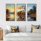 Steamtrain Travelling In The Sunset Painting - 3-Piece Canvas Wall Art