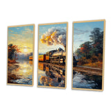 Steamtrain Travelling In The Sunset Painting - 3-Piece Canvas Wall Art