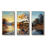 Steamtrain Travelling In The Sunset Painting - 3-Piece Canvas Wall Art