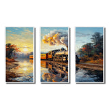 Steamtrain Travelling In The Sunset Painting - 3-Piece Canvas Wall Art