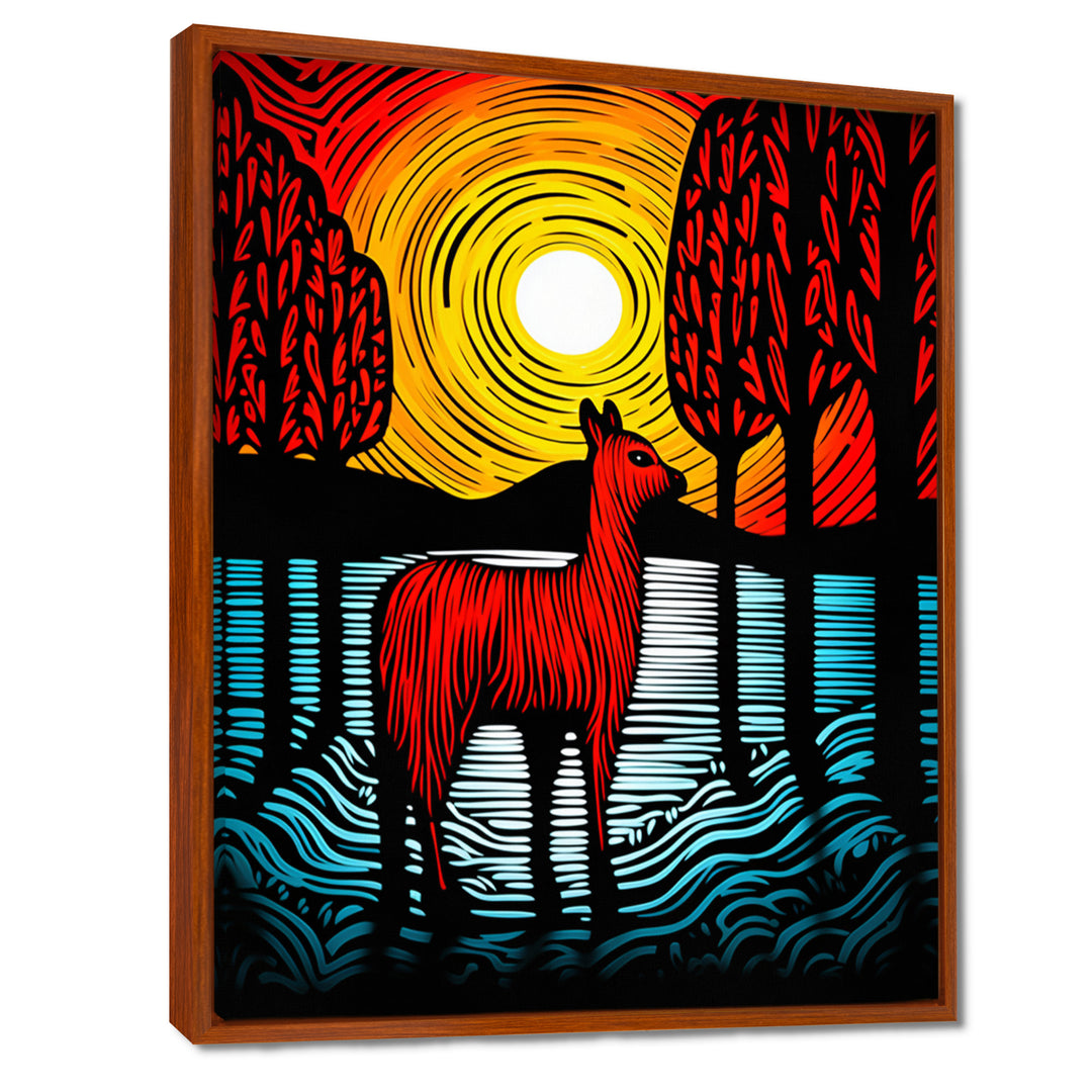 Minimal Red Alpaca Forest Sunset - Alpaca Wall Art Prints