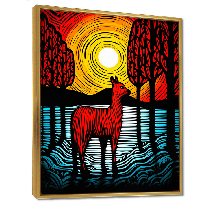 Minimal Red Alpaca Forest Sunset - Alpaca Wall Art Prints