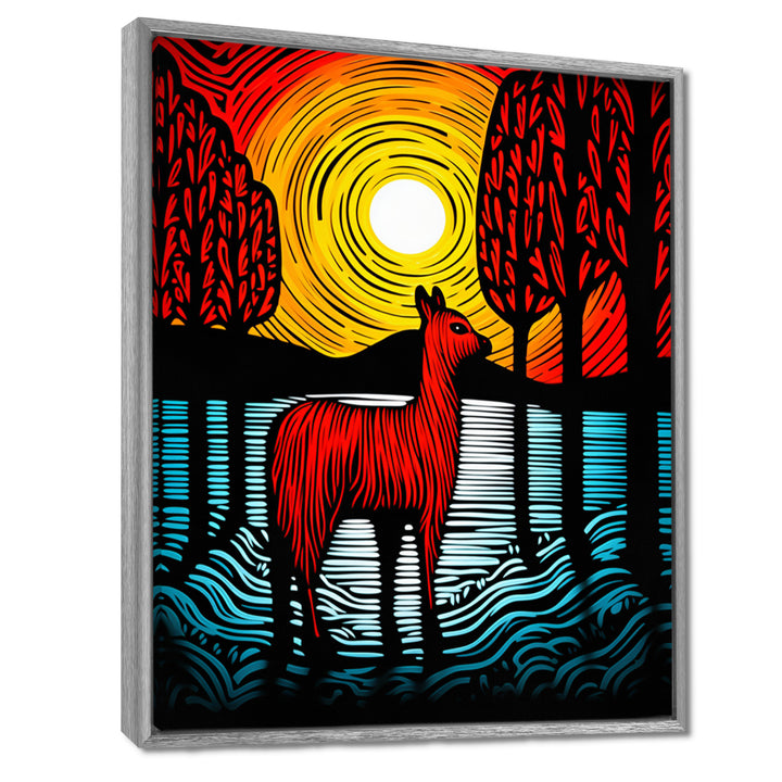 Minimal Red Alpaca Forest Sunset - Alpaca Wall Art Prints