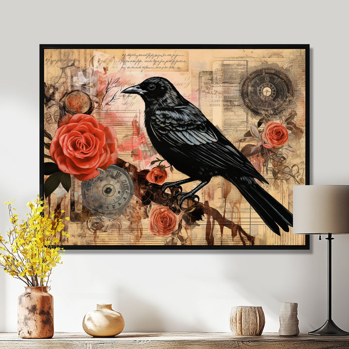 Craw With Red Rose Vintage Collage - Bird Floral Canvas Wall Art