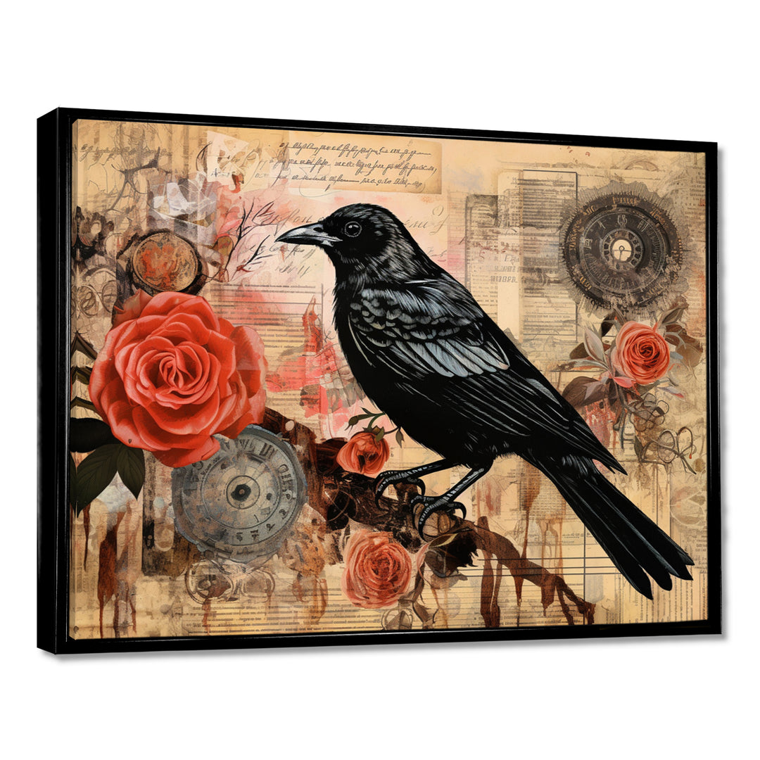 Craw With Red Rose Vintage Collage - Bird Floral Canvas Wall Art