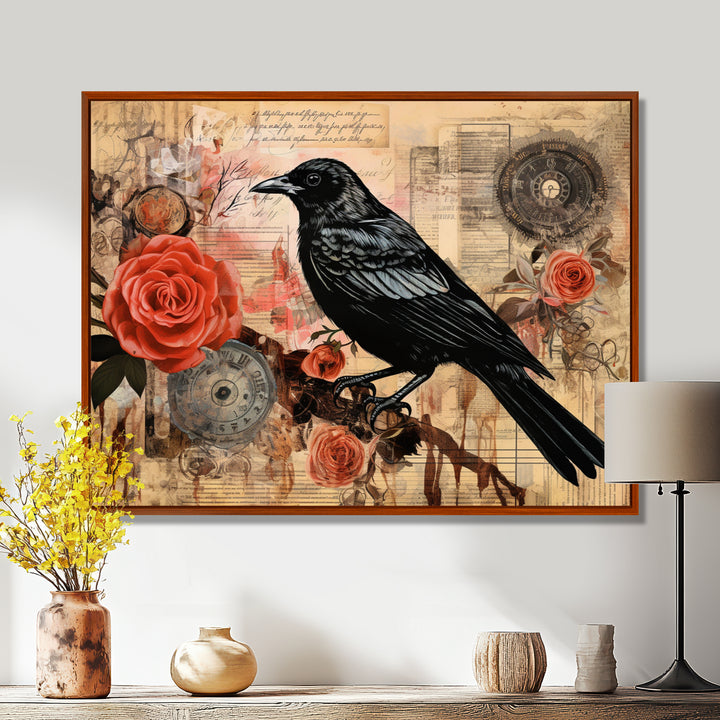 Craw With Red Rose Vintage Collage - Bird Floral Canvas Wall Art