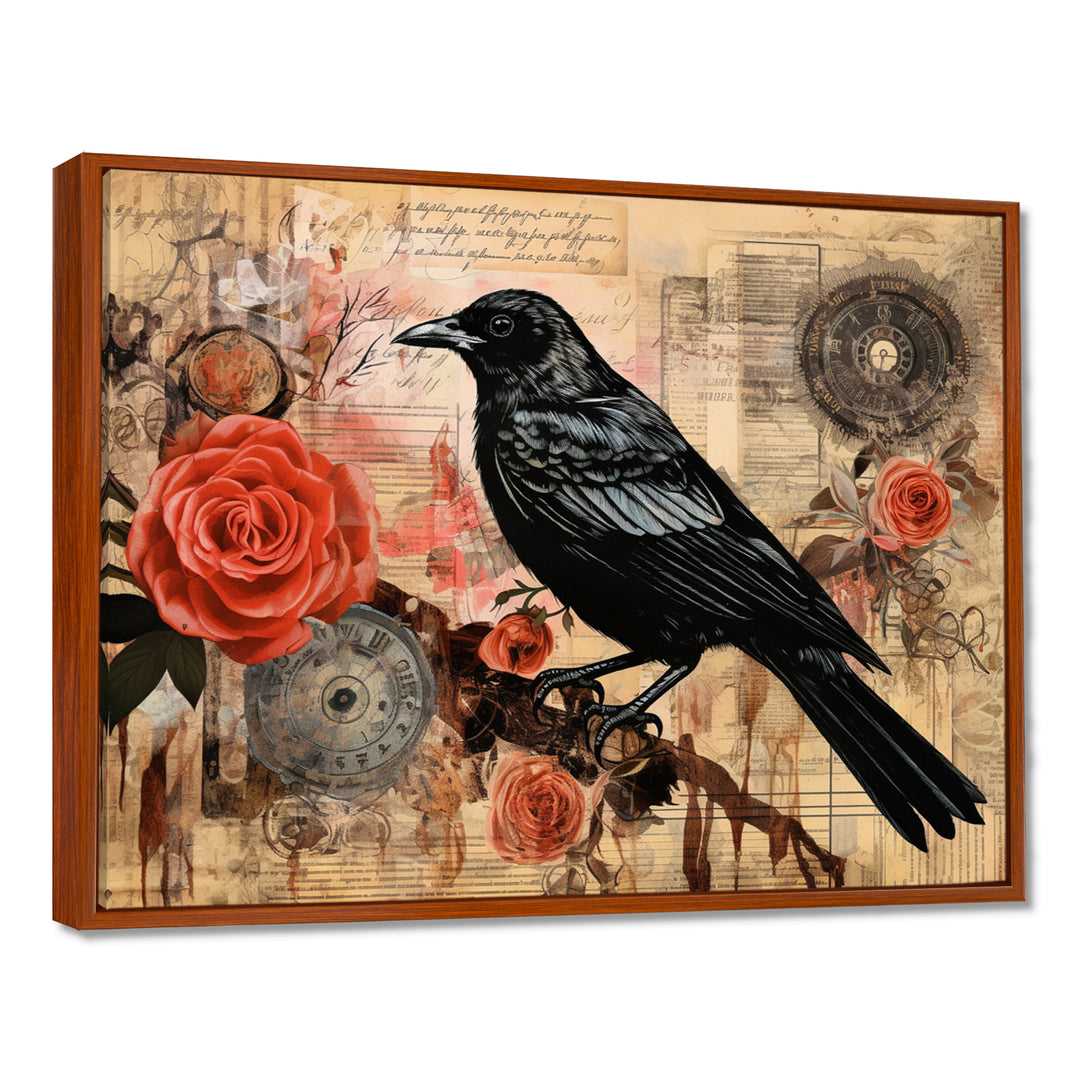 Craw With Red Rose Vintage Collage - Bird Floral Canvas Wall Art