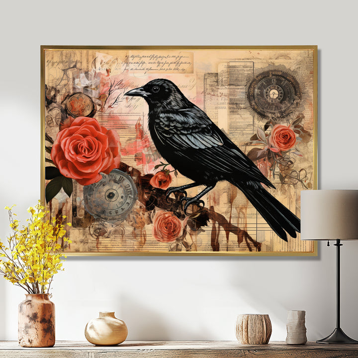 Craw With Red Rose Vintage Collage - Bird Floral Canvas Wall Art