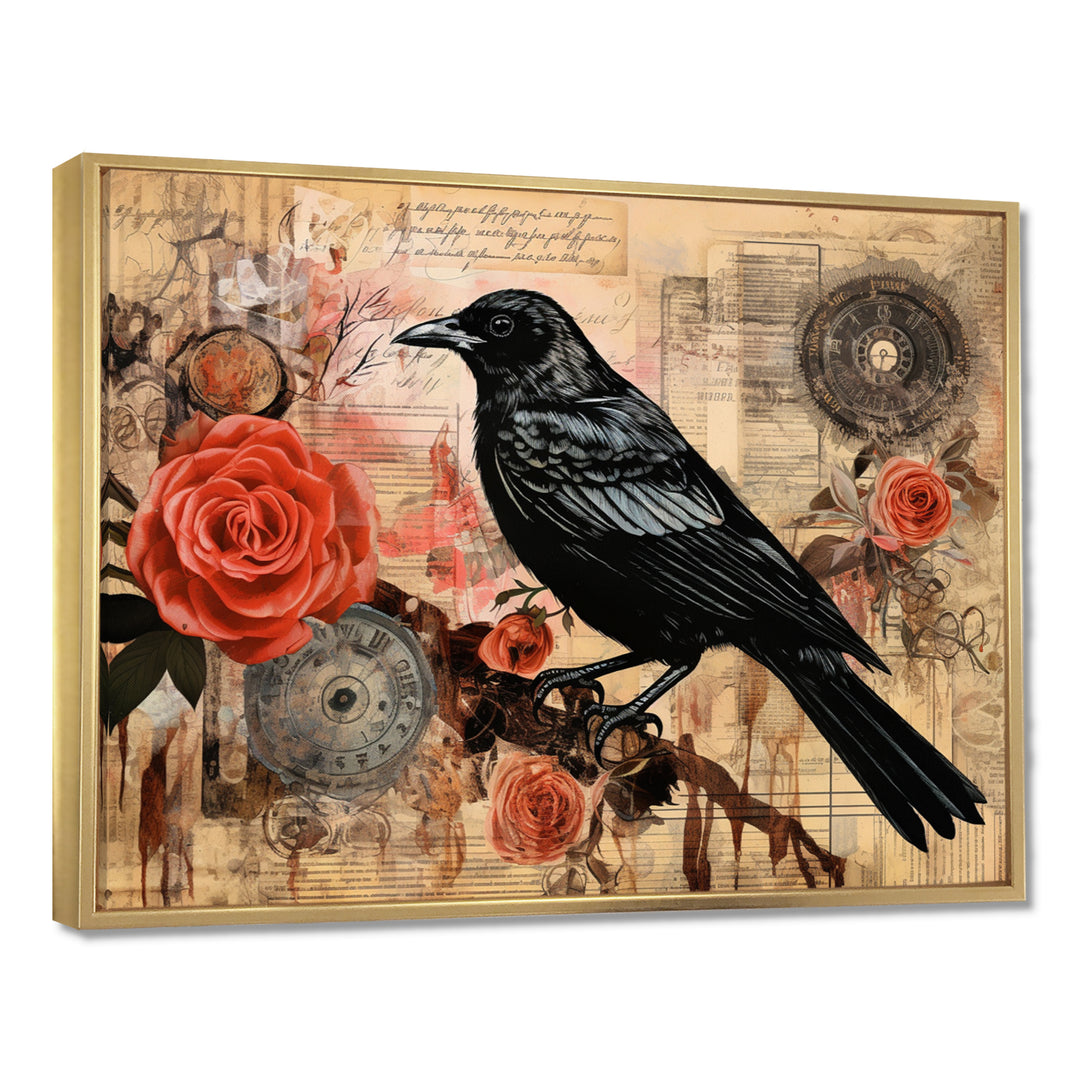 Craw With Red Rose Vintage Collage - Bird Floral Canvas Wall Art
