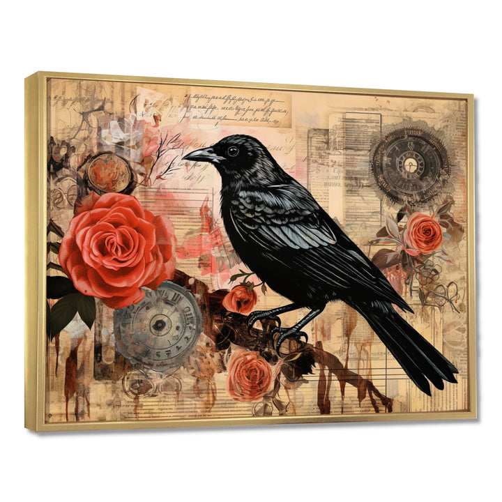 Craw With Red Rose Vintage Collage - Bird Floral Canvas Wall Art