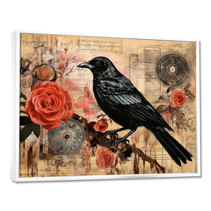 Craw With Red Rose Vintage Collage - Bird Floral Canvas Wall Art