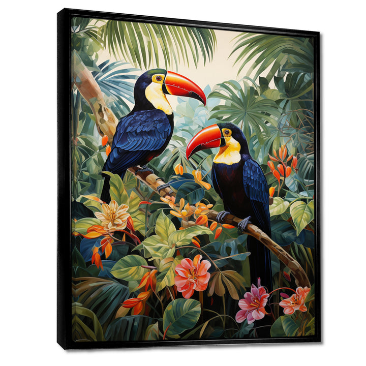 Three Toucans In Tropical Flower Jungle - Toucan Home Decor Art