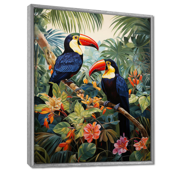 Three Toucans In Tropical Flower Jungle - Toucan Home Decor Art